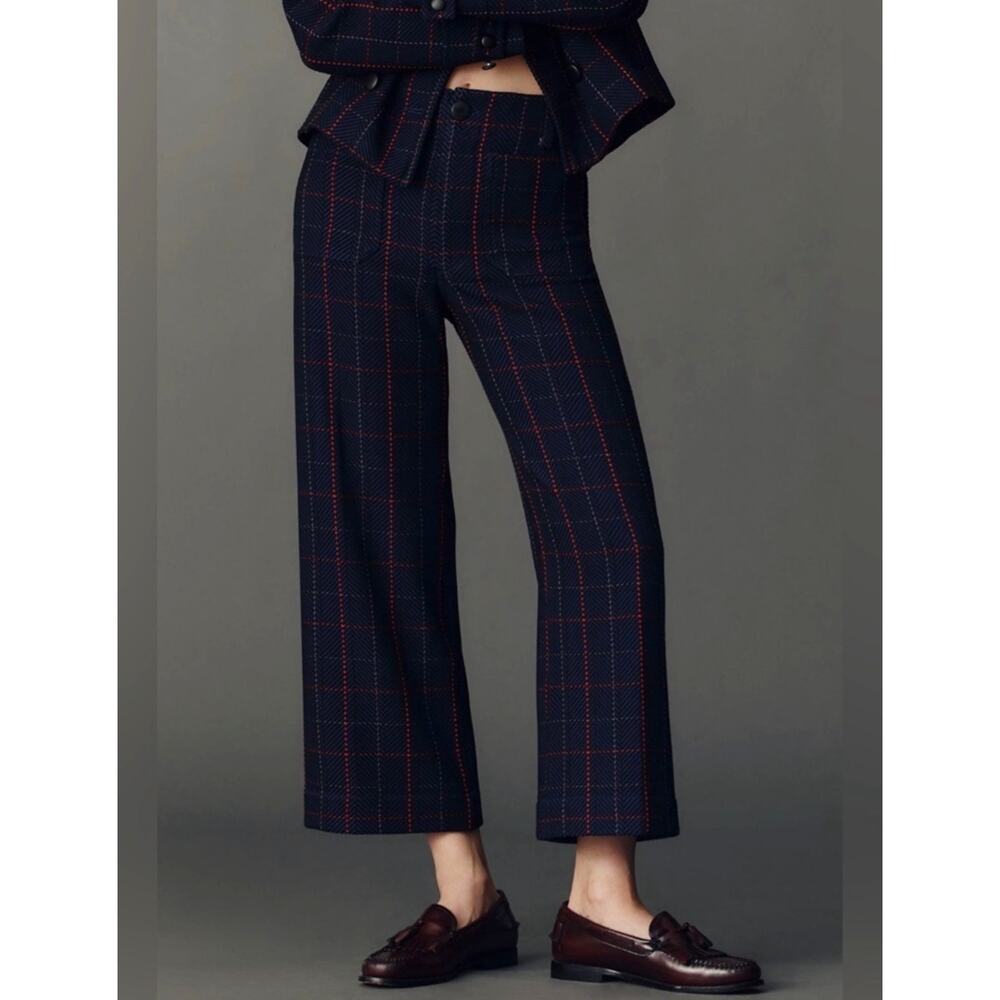 Anthropologie Maeve The Colette Herringbone Plaid Wide Leg Crop Pants 24 Blue